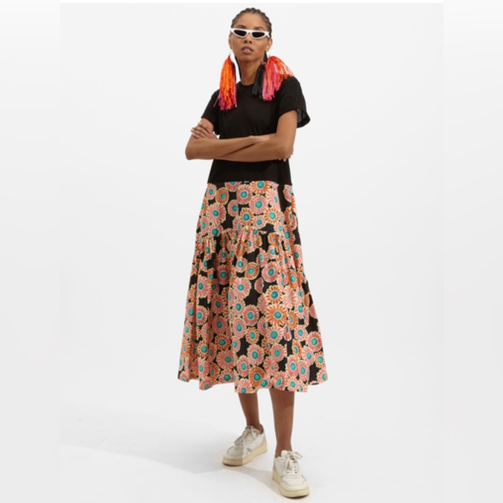 LA DoubleJ Black and Floral Midi Dress